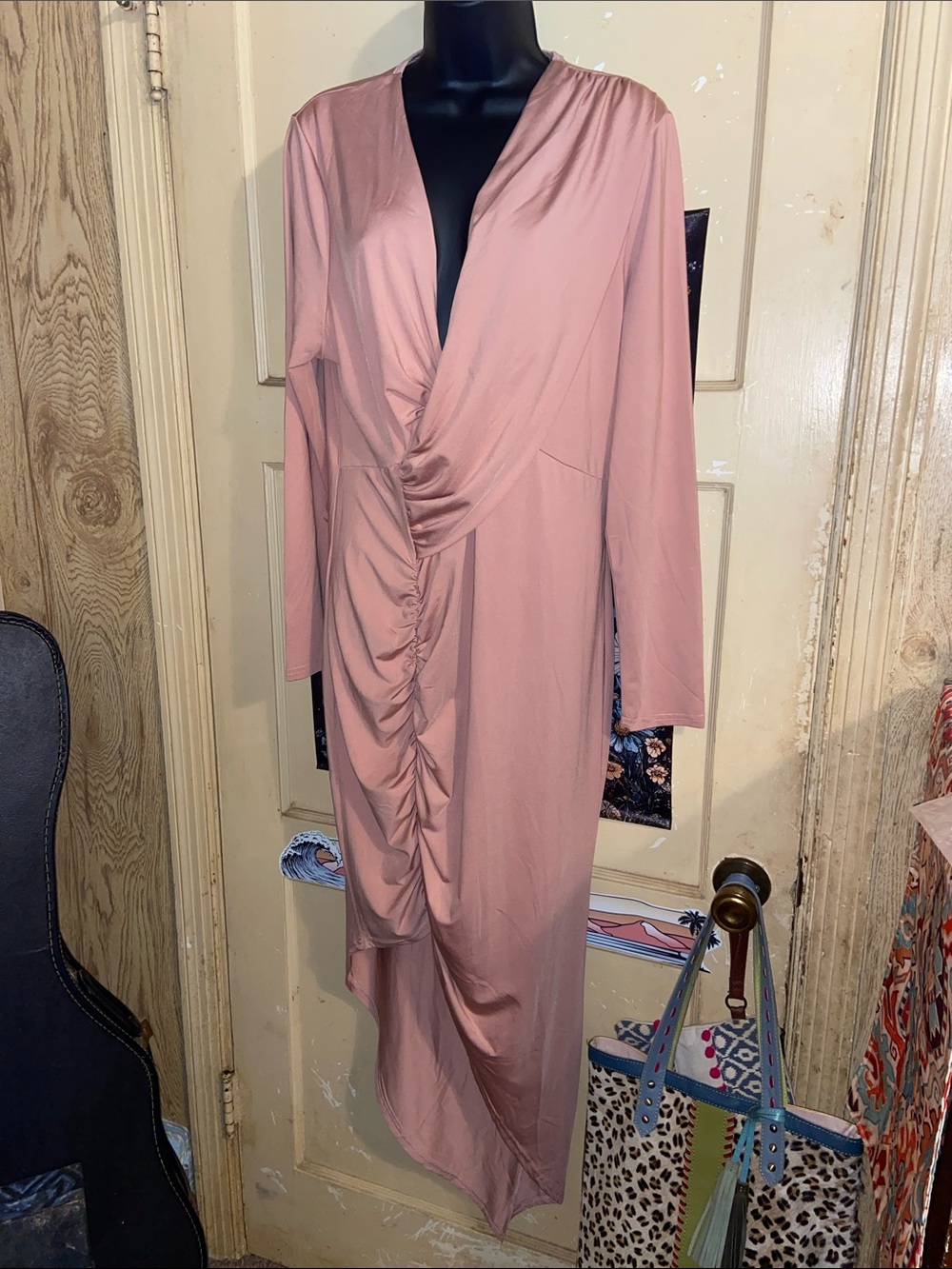 BLUSH BODYCON RUCHED DRESS Asymmetrical Hem Deep V Neck